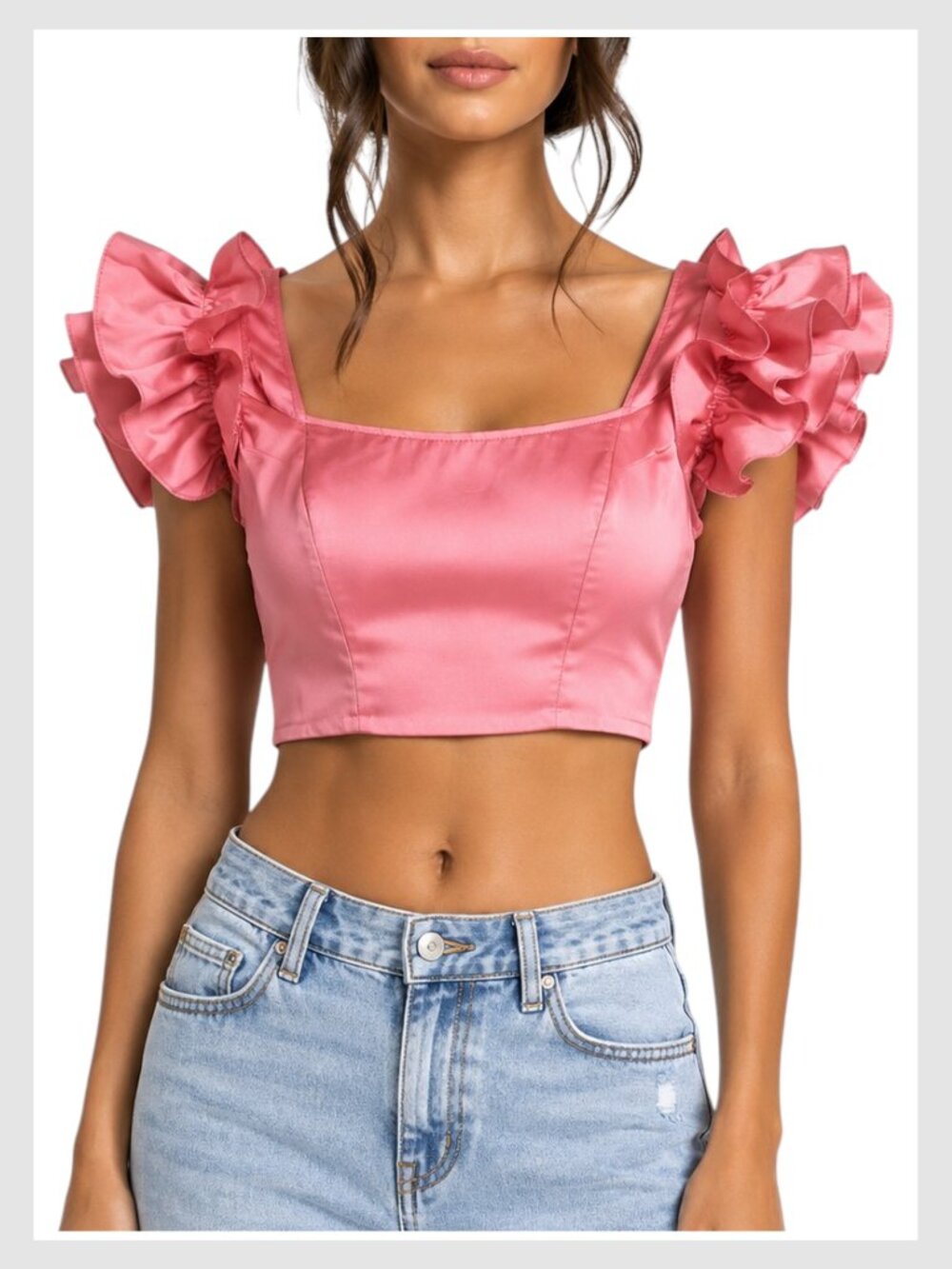 Zara Smocked Crop Top Pink Ruffle Sleeves S